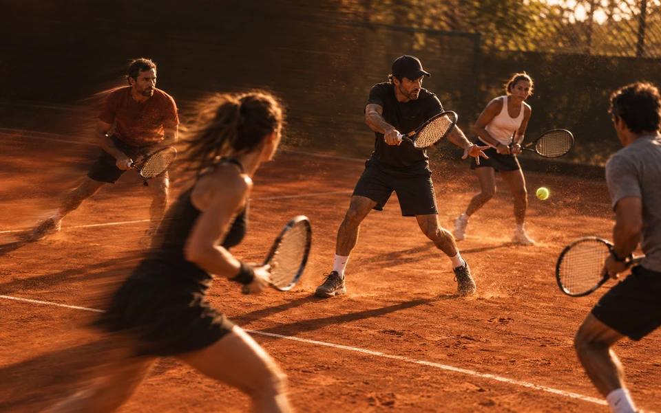 Imagem editorial de um treino em grupo numa quadra de saibro.